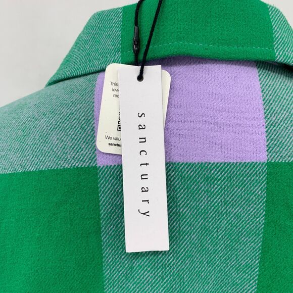 Sanctuary Plaid Button Top Womens XS Pine Check Pocket Detail Cotton Loose Crop - Picture 6 of 13